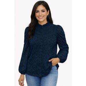 Women's Long Short Sleeve Casual Button Hollow Out Lace Embroidered Blouse